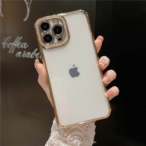 FYYFTYT Fashion Flare Strass Handyhülle für iPhone 15 14 13 12 11 Pro Max X XR XS 7 8 Plus SE2 Luxuriöse Beschichtung Stoßstangen-Kameraabdeckung, Gold, Für iPhone SE3 2022 von FYYFTYT