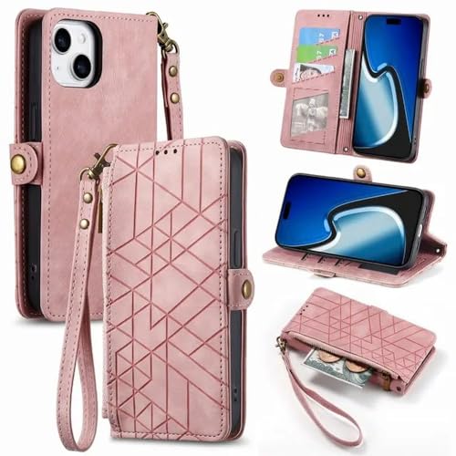 FYYFTYT Handgelenk-Lanyard-Reißverschluss-Karten-Geldbörse Ledertasche für iPhone 15 Pro Max 14 13 12 11 XS XR X 6 7 8 Plus SE 2022 Taschengurt-Abdeckung, Pink, Für iPhone 15ProMax von FYYFTYT