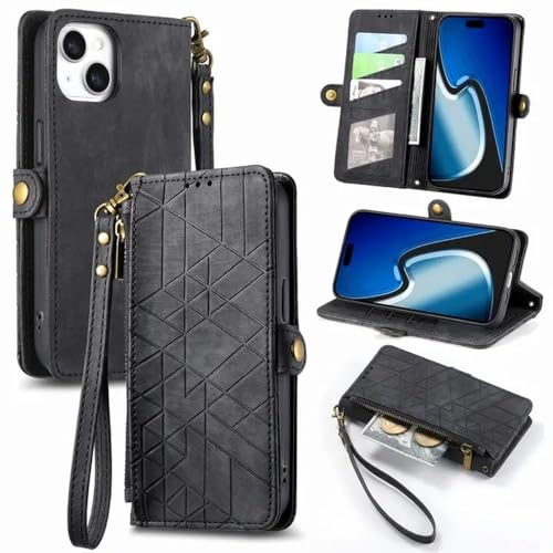 FYYFTYT Handgelenk-Lanyard-Reißverschluss-Karten-Geldbörse Ledertasche für iPhone 15 Pro Max 14 13 12 11 XS XR X 6 7 8 Plus SE 2022 Taschengurt-Abdeckung, Schwarz, Für iPhone 15Plus von FYYFTYT