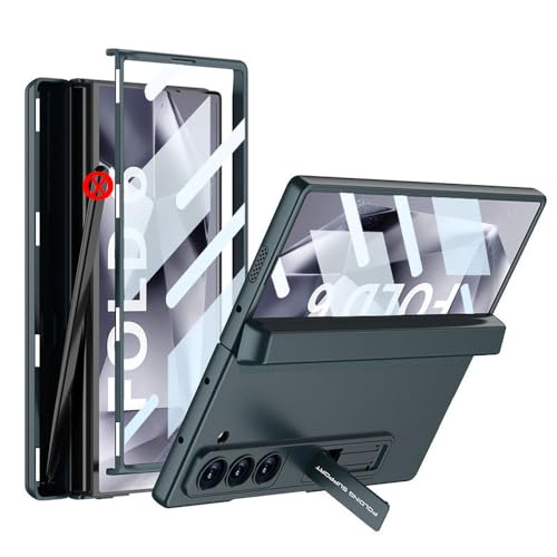 FYYFTYT Harte PC-Rückseite für Samsung Galaxy Z Fold 6 5 4 3 mit magnetischer Stiftbox, Telefonständer, Glasdisplayfolie, Dunkelcyan, für Samsung Z Fold 4 von FYYFTYT