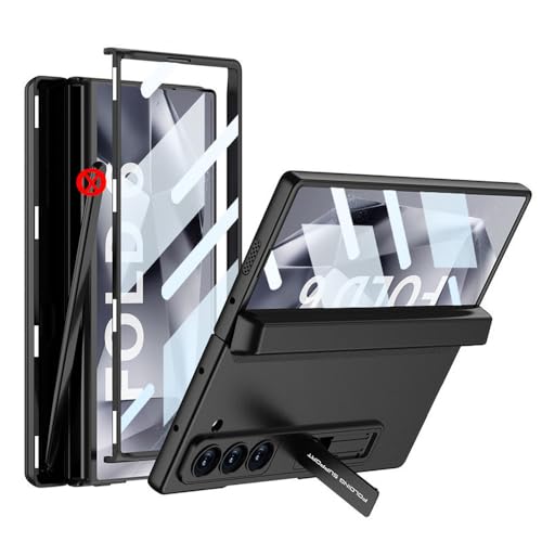 FYYFTYT Harte PC-Rückseite für Samsung Galaxy Z Fold 6 5 4 3 mit magnetischer Stiftbox, Telefonständer, Glasdisplayfolie, Schwarz, für Samsung Z Fold 4 von FYYFTYT