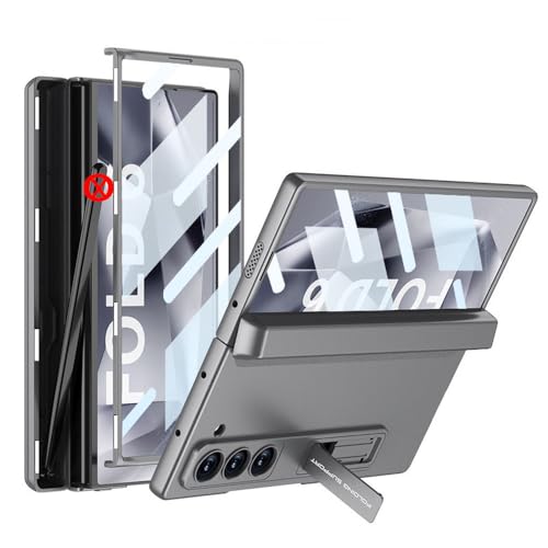 FYYFTYT Harte PC-Rückseite für Samsung Galaxy Z Fold 6 5 4 3 mit magnetischer Stiftbox, Telefonständer, Glasdisplayfolie, grau, für Samsung Z Fold 3 von FYYFTYT