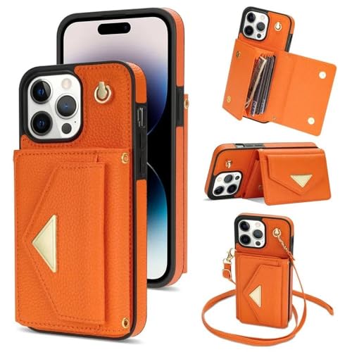 FYYFTYT Lange Lederhülle mit Schlüsselband für iPhone 15 14 13 12 11 Pro Max XR XS X 7 8 Plus SE 2022 Brieftasche mit Mehreren Karten, Umhängetasche für Handys, orange, für iPhone 13 Pro Max von FYYFTYT