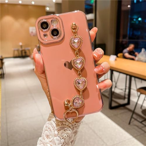 FYYFTYT Luxuriöse Handyhülle mit Diamantarmband und Kette für iPhone 11 12 13 14 15 Pro Max X XR XS, süßer Rahmen, Pink, für iPhone SE2 2020 von FYYFTYT