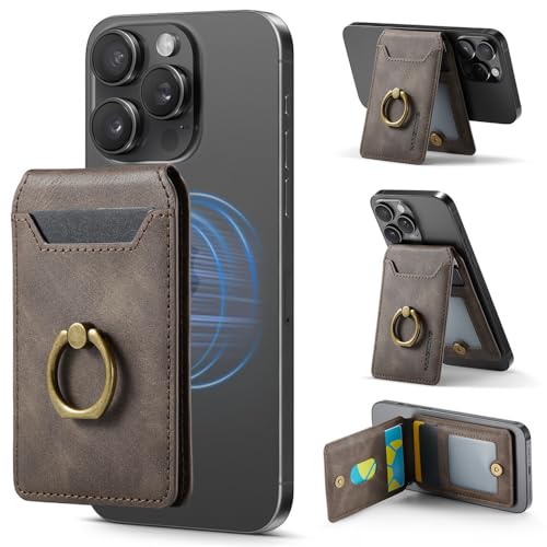 FYYFTYT Luxuriöser Kartenhalter aus Leder für iPhone 16 12 13 14 15 Pro Max, Handy-Fingerring-Griff, Ständer, Brieftaschen-Hülle, Kaffeebraun, für 12 Pro Max von FYYFTYT