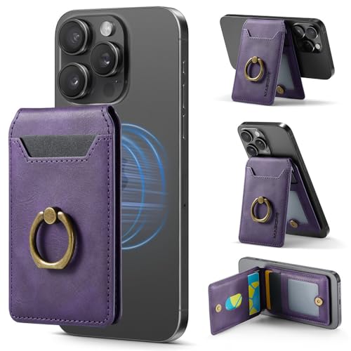 FYYFTYT Luxuriöser Kartenhalter aus Leder für iPhone 16 12 13 14 15 Pro Max, Handy-Fingerring-Griff, Ständer, Brieftaschenformat, Lila, für 15 Pro Max von FYYFTYT