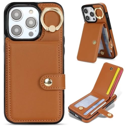 FYYFTYT Ringhalter Vertikale Karten Solt Leder Brieftasche Hülle für iPhone 15 Pro Max 14 Plus 13 12 11 XR XS 7 8 SE 2022 Stand Bag Cover, braun, für iPhone 15 von FYYFTYT