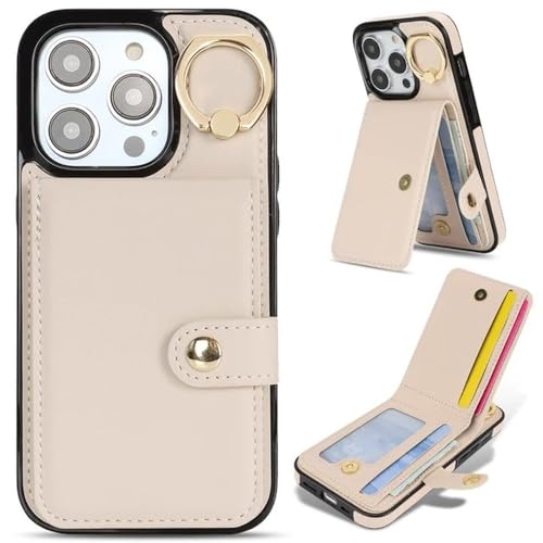 FYYFTYT Ringhalter Vertikale Karten Solt Leder Brieftasche Hülle für iPhone 15 Pro Max 14 Plus 13 12 11 XR XS 7 8 SE 2022 Stand Bag Cover,Beige,Für iPhone 11 von FYYFTYT