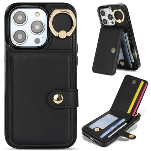 FYYFTYT Ringhalter Vertikale Karten Solt Leder Brieftasche Hülle für iPhone 15 Pro Max 14 Plus 13 12 11 XR XS 7 8 SE 2022 Stand Bag Cover,Schwarz,Für iPhone 13 von FYYFTYT