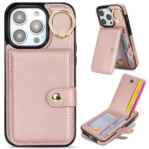 FYYFTYT Ringhalter Vertikale Karten Solt Leder Brieftasche Hülle für iPhone 15 Pro Max 14 Plus 13 12 11 XR XS 7 8 SE 2022 Standtasche Abdeckung, Roségold, Für iPhone 13Mini von FYYFTYT