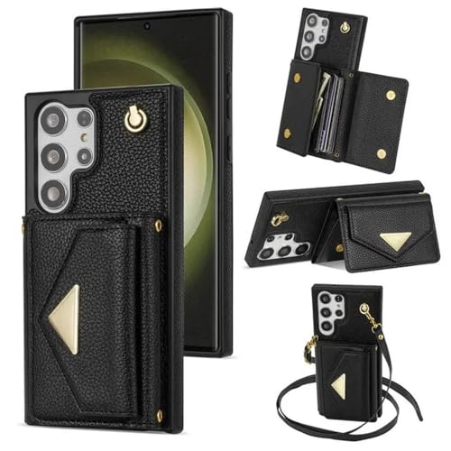 Lange Leder-Handyhülle mit Umhängeband für Samsung Galaxy S24 Ultra S23 FE S22 S21 S20 Plus Multi-Card-Geldbörse Umhängetasche Cover Coque, Schwarz, Für Samsung S21 FE von FYYFTYT