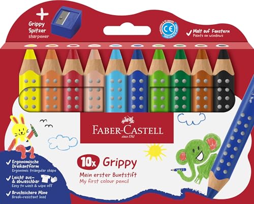 FABER-CASTELL 110636 - Buntstifte Set Grippy, 10 Malstifte mit Spitzer für Kleinkinder ab 2 Jahren, 3in1 Stifte Set von Faber-Castell