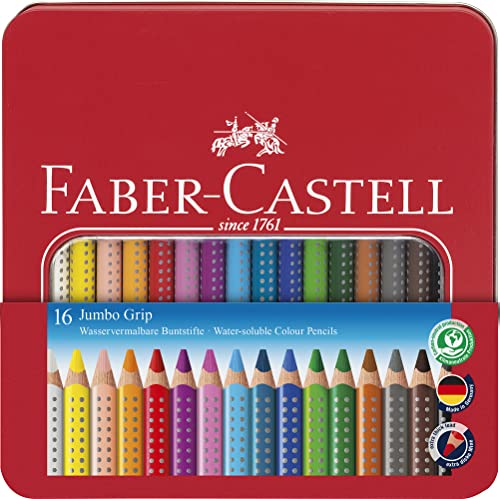 FABER-CASTELL 110916 - Jumbo Buntstifte Set Grip, 16 Stifte im Metalletui von Faber-Castell