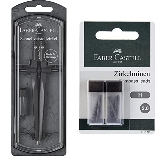 Faber-Castell 174530 - Schnellverstellzirkel Stream, Blackstone, 1 Stück & 123198 - Zirkelmine, 2mm, Härtegrad H, 12 Stück von Faber-Castell