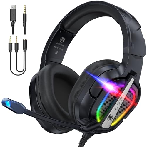 Fachixy「2024 Neu」FC-200 Faltbares Gaming-Headset für PS4/PS5/PC/Xbox/Nintendo Switch, PS5-Headset mit ENC-Mikrofon, 3,5-mm-Gaming-Kopfhörer mit RGB-Licht, RGB Schwarz von Fachixy