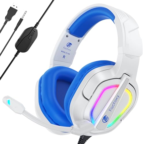 Fachixy「2024 New」FC200 Gaming-Headset für PS4/PS5/PC/Xbox One, Geräuschunterdrückung, Gaming-Kopfhörer, Headset mit Stereo-Mikrofon-Sound mit 3,5-mm-Klinkenstecker mit RGB-Licht - Weiss-BLAU von Fachixy