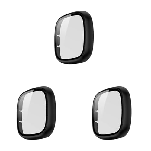 3 Stück Hard PC hülle mit Glas Displayschutz kompatibel mit Fitbit Versa3/Sense, Rundum Kratzfest Schutzhülle für Fitbit Versa3/Sense (Schwarz) von Factorys