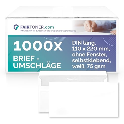 FairToner Briefumschläge DIN lang ohne Fenster 75gsm (1.000 Stück) selbstklebend, 22 x 11 cm weiß von FairToner