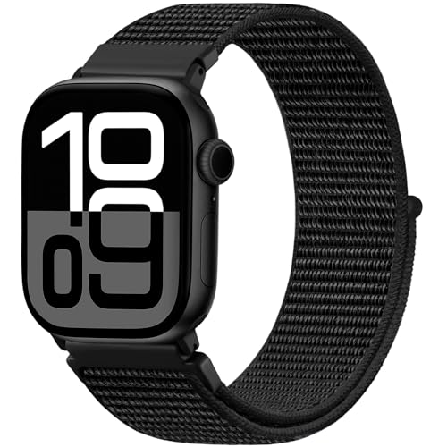 Faliogo Nylon Armband Kompatibel mit Apple Watch Armband 44mm 45mm 46mm 42mm(Series 3/2/1) 49mm, Verstellbare Solo Loop Sportarmband für iWatch Series 10 9 8 7 6 5 4 3 2 1 SE Ultra, Schwarz von Faliogo