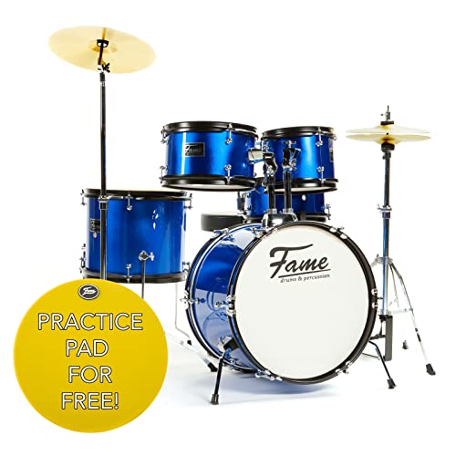 Fame 5 PC Drumset Blue, Schlagzeug mit Bass Drum, Tom-Tom, Snare, Hardware und Hocker, inkl. Zubehör und Drumsticks von Fame