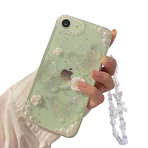 Faneiy Für iPhone SE (2022/2020 Release) /7/8 Hülle mit Perle Telefon Charm Kette 3D Schmetterling Blume Niedlich Glitzer Handyhülle Ästhetische Kristall Klar Floral Hülle für iPhone SE/7/8 Frauen von Faneiy