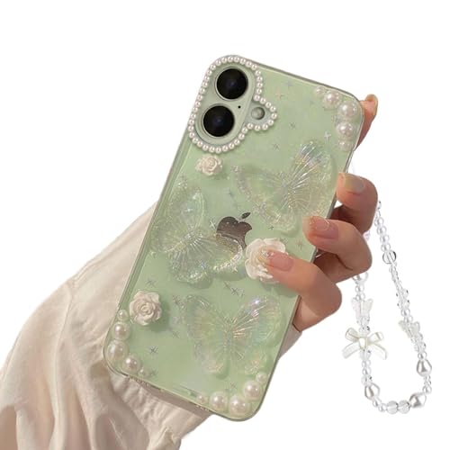 Faneiy Schutzhülle für iPhone 16 mit Handy-Charm-Kette, 3D-Schmetterlings-Blumen-Perlen, niedlich, ästhetisch, kristallklar, glitzernd, für Damen und Mädchen von Faneiy