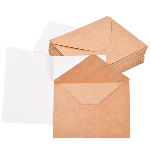 60 Stück Kraftpapier Karten, Klappkarten mit Umschlag, Faltkarten Braun, Doppelkarten Blanko (Weiß) von Fangehong