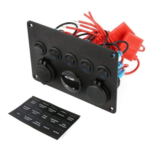 Fangxuee 5-Gang-Schalttafel, 12 V/24 V Inline-Sicherungskasten, LED-Schalttafel, Dual-USB-Buchse, Steckdose, LED-Voltmeter für Boots- von Fangxuee