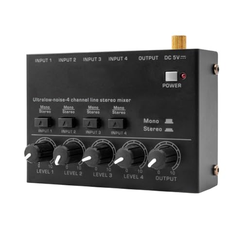 Fangxuee Extrem Geräuscharmer 4-Kanal-Line-Stereomixer, 4 Eingänge, 1 Ausgang, DC 5 V, Tragbarer Mini-Audiomixer, Mikrofon, Tastatur, EU-Stecker von Fangxuee