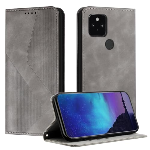 Fatcatparadise Kompatibel mit Google Pixel 5 Hülle, Handyhülle für Google Pixel 5 Hülle PU Leder Flip Klappbare Wallet Magnet Case Handytasche Klapphülle Schutzhülle Tasche Hülle Holster (Grau) von Fatcatparadise