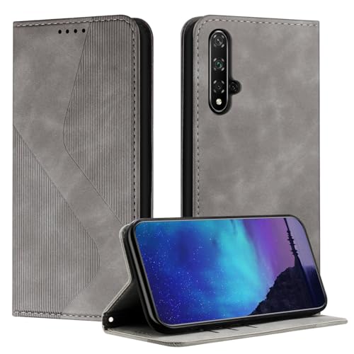 Fatcatparadise Kompatibel mit Huawei Nova 5T / Honor 20 Hülle, Handyhülle für Honor 20 Hülle PU Leder Flip Klappbare Wallet Magnet Case Handytasche Klapphülle Schutzhülle Tasche Hülle Holster (Grau) von Fatcatparadise