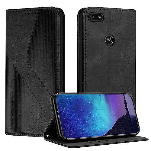 Fatcatparadise Kompatibel mit Motorola Moto E6 Play Hülle, Handyhülle für Motorola Moto E6 Play Hülle PU Leder Flip Klappbare Wallet Magnet Case Klapphülle Schutzhülle Tasche Hülle Holster (Schwarz) von Fatcatparadise