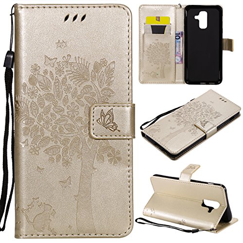 Fatcatparadise Kompatibel mit Samsung Galaxy A6 Plus 2018 Hülle, Handyhülle Samsung A6 Plus 2018, Prägung Muster Schutzhülle PU Leder Wallet Case Klappbar Flip Hülle Brieftasche Ledertasche (Gold) von Fatcatparadise