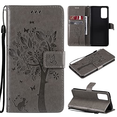 Fatcatparadise Kompatibel mit Samsung Galaxy A82 5G Hülle, Handyhülle Samsung A82 5G, Prägung Muster Schutzhülle PU Leder Wallet Case Klappbar Flip Hülle Brieftasche Ledertasche (Grau) von Fatcatparadise