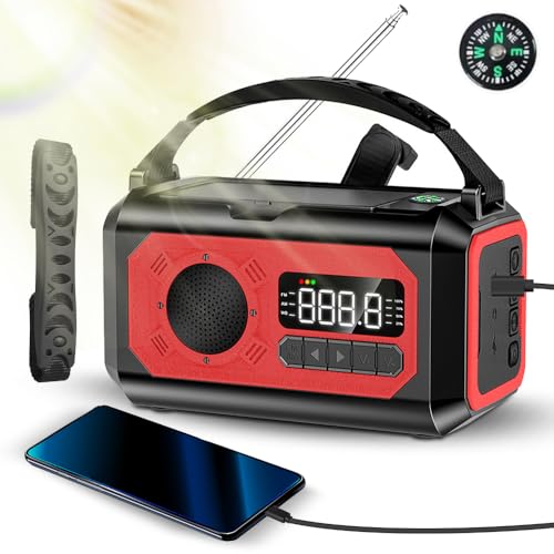 12000 MAh Notfall-Wetterradio, Tragbares Notfall-Wetterradio, Solarradio, Handkurbel-Wetterradio mit Taschenlampe, LED-Leselampe für Camping (Rot) von Fdit