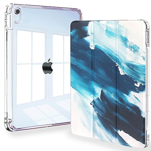 iPad Air 5. Generation, Feams Slim Trifold iPad Air 5. / 4. Generation 10,9 Zoll 2022/2020 Hülle Clear Back Cover mit Auto Sleep/Wake & Stifthalter für iPad Air 5/4, blaues Ölgemälde von Feams