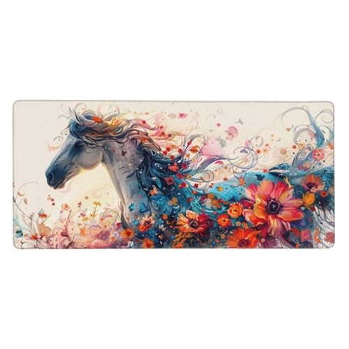 Blume Mauspad XXL 1000x500x3 mm, Groß Gaming Mauspad Pferd Design Vernähte Kanten, XXL Mousepad Wetterfest Anti Rutsch Mousepad Präzision und Geschwindigkeit für PC Laptop Verbessert, Gaming Deko von Feeaxeae