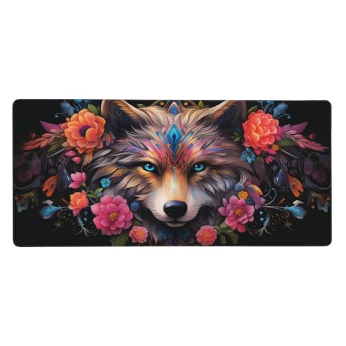 Mauspad Blume, Wolf Mousepad XXL 1200 x 600 x 3 mm Gaming Mousepad mit Vernähte Kanten Wasserdicht und Rutschfester Mousepad für PC-Büro, Arbeit, Gaming, Studium, Laptop, Computer, Zuhause, Geschenke von Feeaxeae