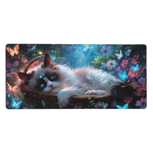 Schreibtischunterlage Katze Mauspad XXL 900 x 400 x 3 mm Groß Mauspad Schmetterling Gaming Mousepad, Mouse Pad mit Anti-Rutsch-Gummiboden, Gaming Zubehör Zimmer Deko Aesthetic, Geschenke für Männer von Feeaxeae