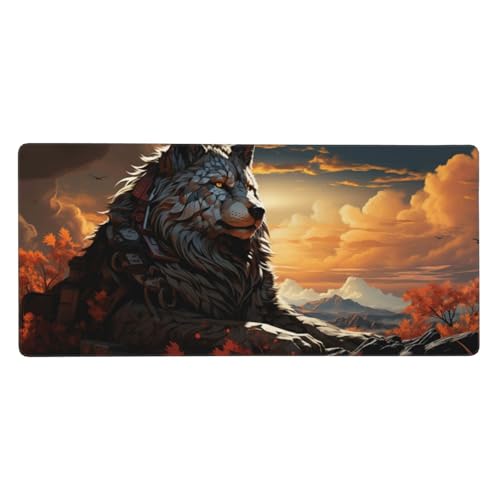 Schreibtischunterlage Wolf Mauspad XXL 900 x 400 x 3mm Groß Mauspad Krieger Gaming Mousepad, Desk Mat, Mouse Pad mit Anti-Rutsch-Gummiboden, Gaming Zubehör Zimmer Deko Aesthetic, Geschenke für Männer von Feeaxeae