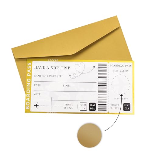 Feelorna 1 Stück Goldenes Ticket Scratch & Reveal Überraschung Reiseticket mit Umschlag für Urlaub Geburtstag Weihnachten Hochzeit (Golden) von Feelorna