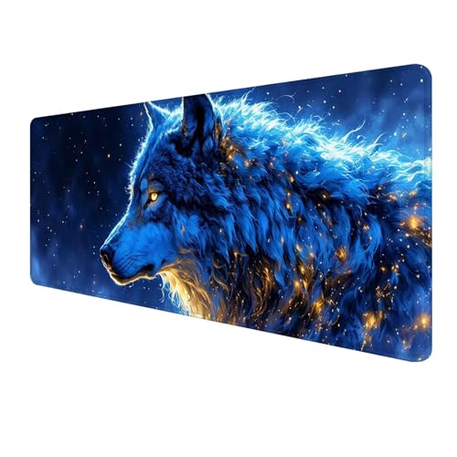 Blau Mousepad 1000 x 400 mm, Gaming Mauspad XXL Wolf Mousepad, Groß Schreibtischunterlage, Mouse Pad Gaming Tastatur Matte mit Genähten Kanten, rutschfeste Gummibasis Desk Mat, Geschenke Männer S-219 von FeiPride