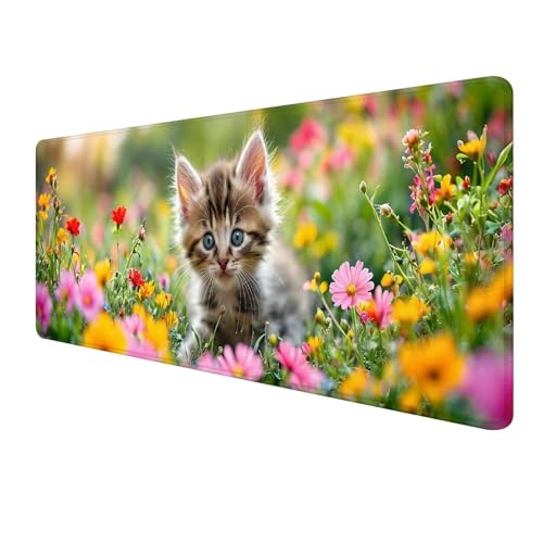 XXL Mauspad 1200 x 400 mm, Katze Mousepad, Gaming Mouse Pad Wasserdicht und Langlebig, Rutschfeste Gummibasis, Genähte Kanten Mauspad Blume, Mauspads Schreibtischunterlage für Home Gaming Office S-747 von FeiPride