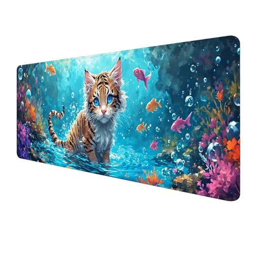 XXL Mauspad 800 x 300 mm, Blau Mousepad, Mauspad Gaming, Mouse Pad Wasserdicht und Langlebig, Rutschfeste Gummibasis, Genähte Kanten Mauspad Tiger, Mauspads Schreibtischunterlage für Home Office S-450 von FeiPride