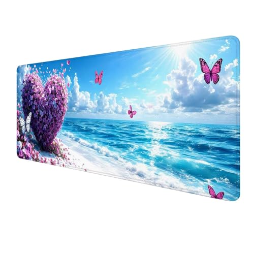 XXL Mauspad 900 x 300 mm, Blau Mousepad, Gaming Mouse Pad Wasserdicht und Langlebig, rutschfeste Gummibasis, Genähte Kanten Mauspad Strand, Mauspads Schreibtischunterlage für Home Gaming Office S-890 von FeiPride