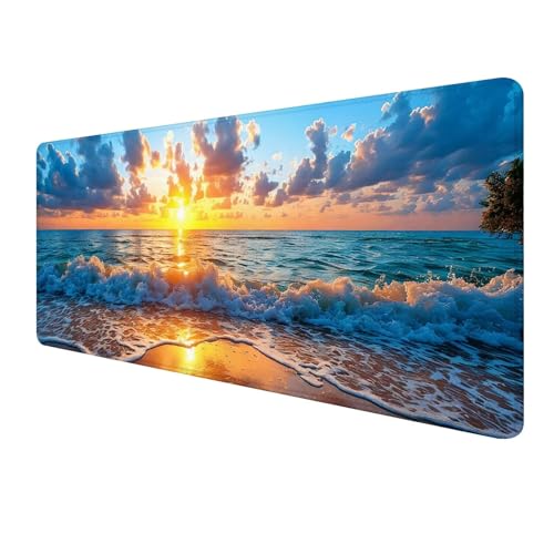 XXL Mauspad 900 x 300 mm, Strand Mousepad, Gaming Mouse Pad Wasserdicht und Langlebig, rutschfeste Gummibasis, Genähte Kanten Mauspad Landschaft, Mauspads Schreibtischunterlage für Home Office S-599 von FeiPride