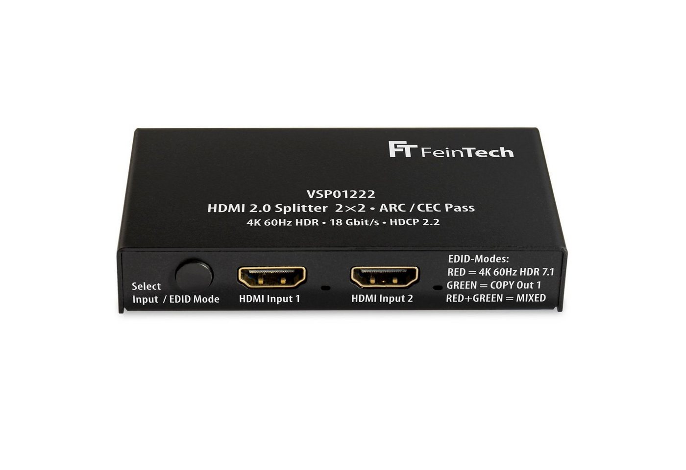 FeinTech HDMI-Splitter VSP01222 HDMI 2.0 Splitter 1x2 mit ARC-Pass, Downscaler, EDID-Management von FeinTech