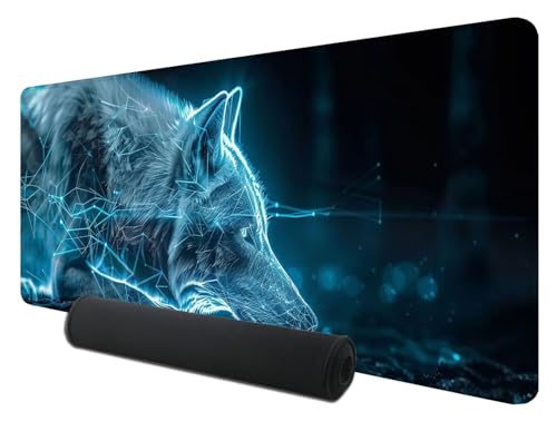 Mauspad, XXL Speed Gaming Mauspad 1000 x 500 x 3 mm, Wolf Mauspad Groß mit Genähten Kanten, Verlängertes Mouse Pad Blau, Schreibtischunterlage, Rutschfeste Gummi Mauspad, Mauspad XXL Gaming, F-6 von Feionnug