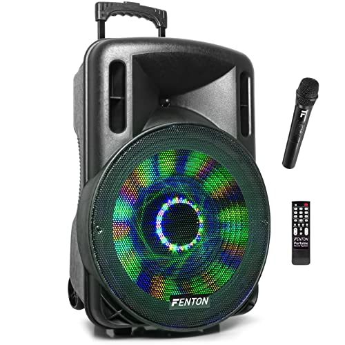 Fenton FT15LED - Partybox Bluetooth Box groß, 800 Watt Peak, 12 Stunden Akku Musikbox, Karaoke Anlage mit Mikrofon, Echo, PA Anlage, MP3, SD, USB, Mehrfarbige LEDs, Fernbedienung von Fenton