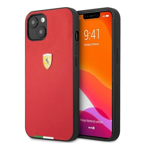 Ferrari CG Mobile Hartschale für iPhone 13 Mini (5.4), PU-Leder, glatt und italienische Flagge, Metalllogo, Rot von Ferrari